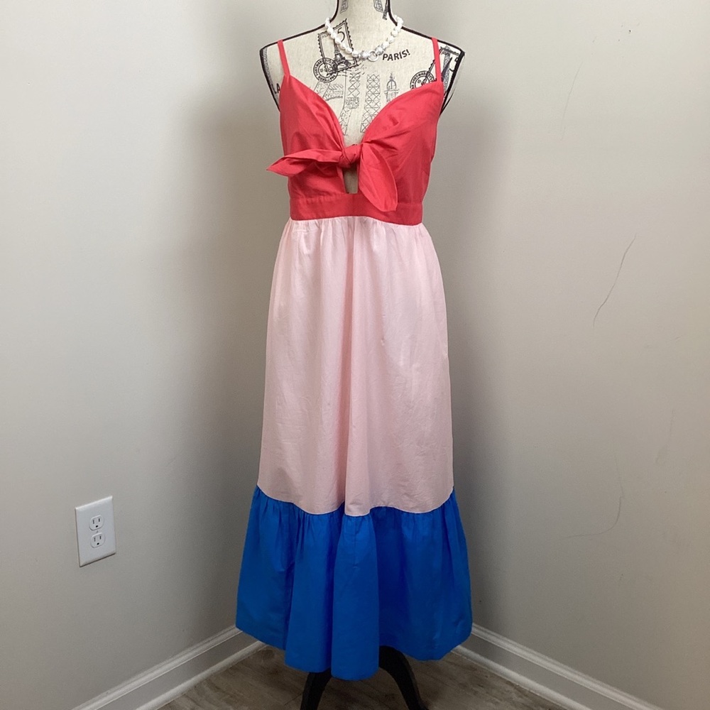 J.Crew Women’s Orange Pink Blue Stripes Color Block Tiered Maxi Front Tie